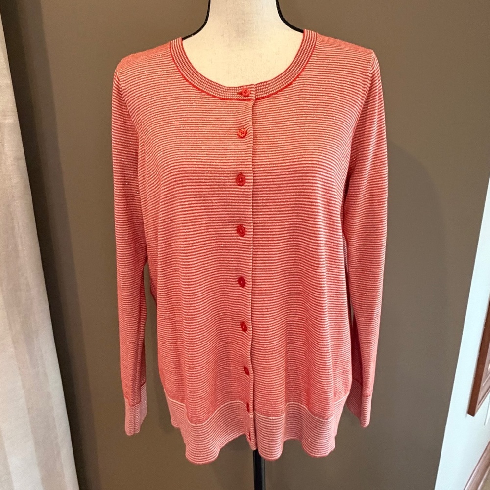 Talbots Red & Cream Button Down Cardigan with metallic thread, Size 1X Petite
